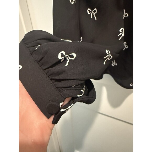 J.Crew Bow Blouse with Ruffle Neck and Velvet Trim Medium Black w/White Bows - Picture 2 of 5